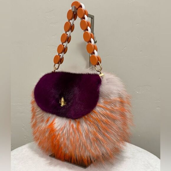Stunning Colorblock Real Mink Fur with Finn Raccoon Fur Purse, Includes 2 Straps - Picture 9 of 17